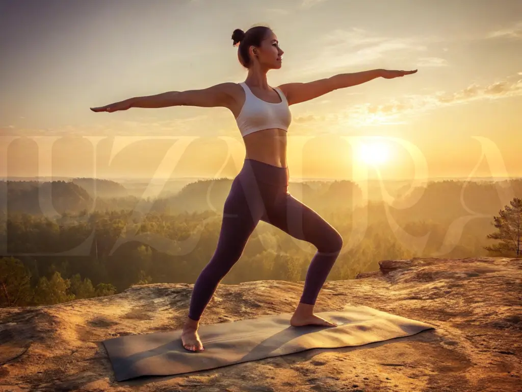 Woman doing yoga on cliff at sunset.